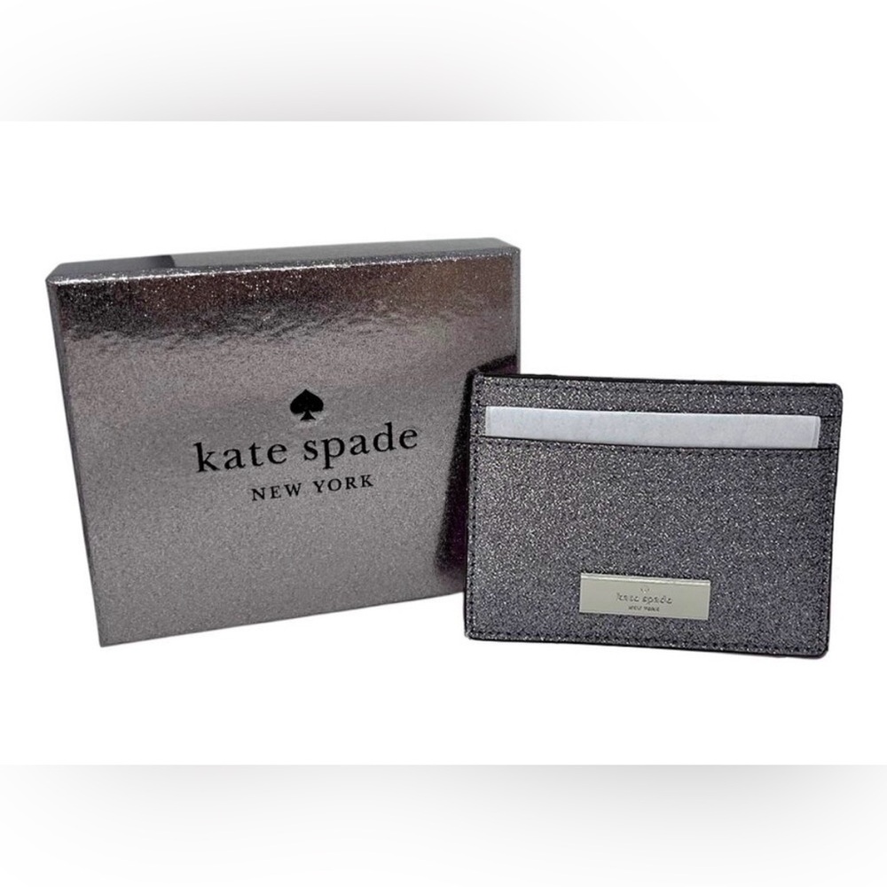 kate spade Glitter Cardholder Wallet Silver Metallic Gift Box